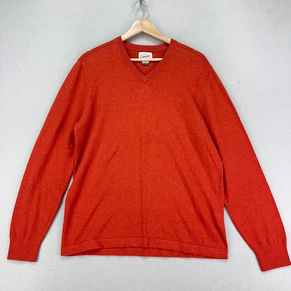 Canvas Lands'‎ End Sweater Mens Large Burnt Orange V-Neck Jumper Cashmere Blend